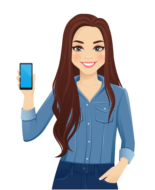 Vetor jovem mulher alegre com cabelo comprido em camisa jeans casual mostrando ilustração vetorial isolado de tela de telefone