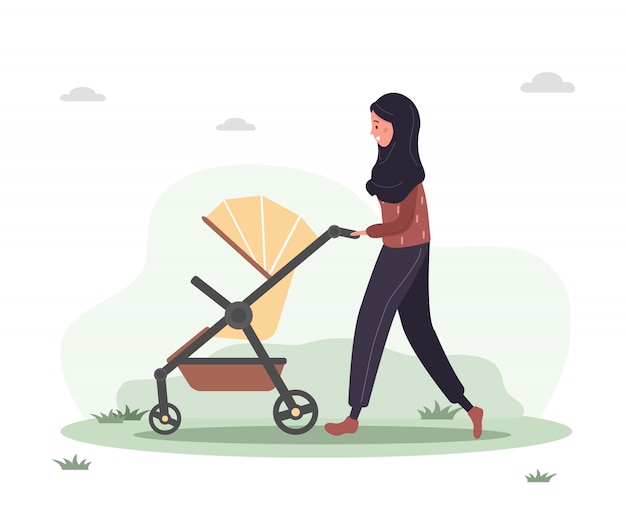 Jovem mulher árabe caminhando com seu filho recém-nascido em um carrinho de bebê. garota em uma caminhada com um carrinho e um bebê na natureza ao ar livre. ilustrações em estilo simples.