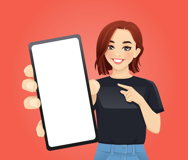 Vetor jovem mulher bonita apontando para a ilustração em vetor tela do telefone em branco