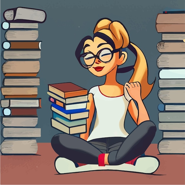 Vetor jovem mulher bonita sentada com as pernas cruzadas e um conjunto de livros com ilustração vetorial de leitura