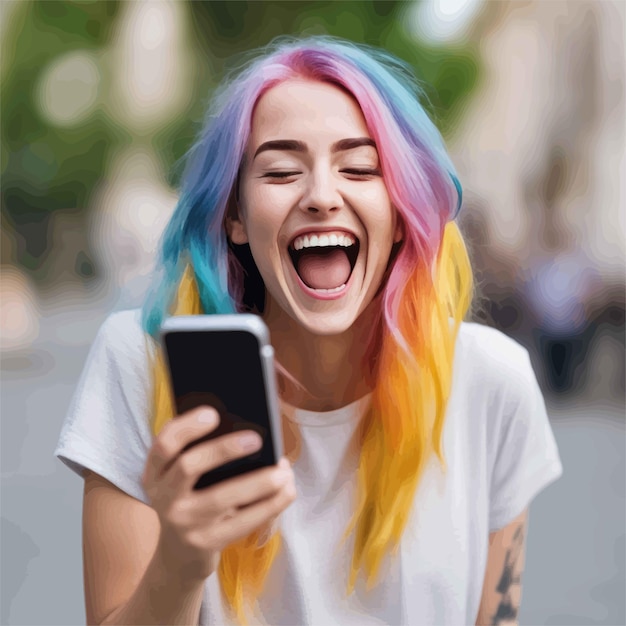 Vetor jovem mulher caucasiana usando smartphone sorrindo feliz ao ar livrejovem mulher caucasiana usando smartphone