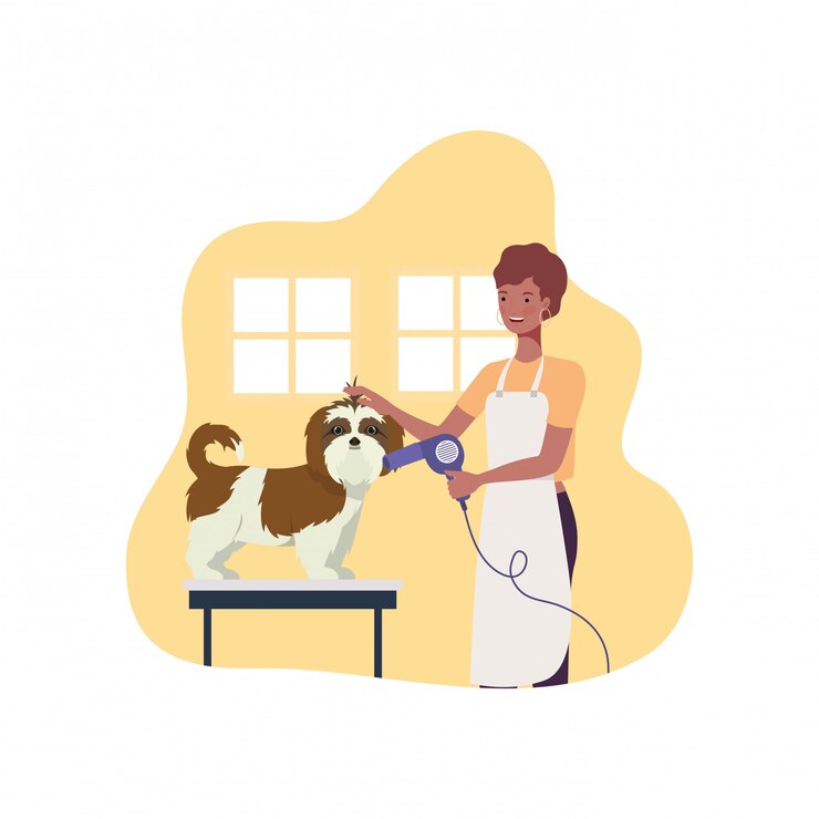 Vetor jovem mulher com cachorro em pet groomer