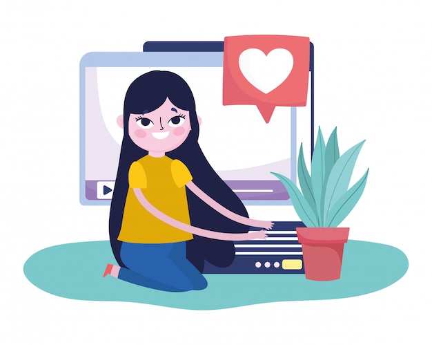 jovem mulher com conteúdo de vídeo do site móvel adora mídias sociais