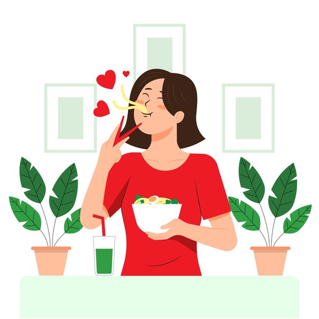 Jovem mulher comendo ilustração de conceito de comida saudável