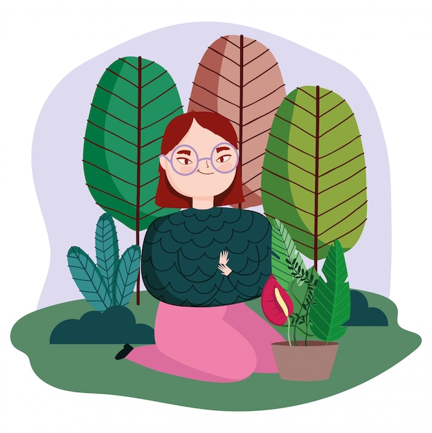 Jovem mulher de joelhos na grama com ilustração de árvores de plantas em vasos