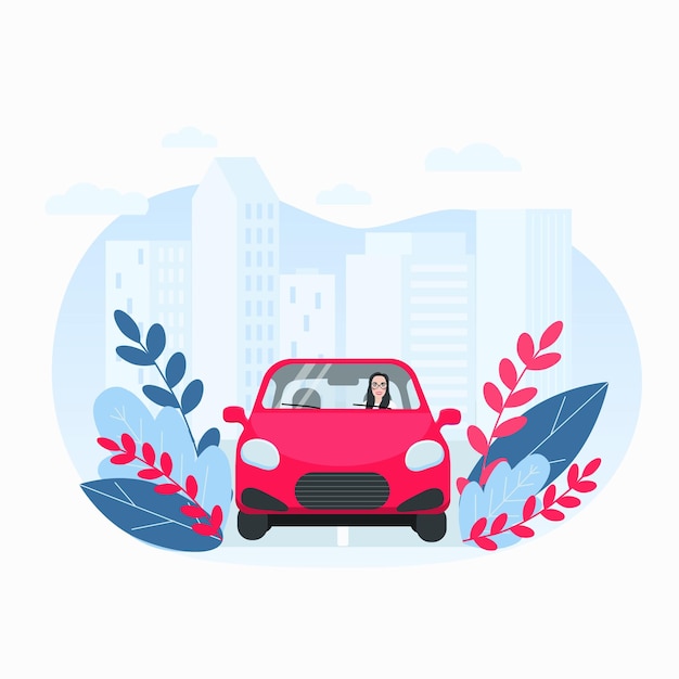 Jovem mulher dirigindo um carro na cidade.