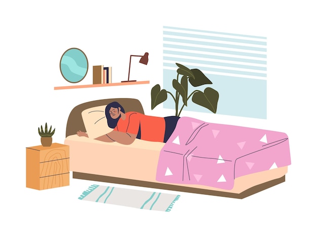 Jovem mulher dorme na cama no quarto cansada depois do trabalho profundo sonhar à noite. mulher com sono coberta com um cobertor. ilustração em vetor plana dos desenhos animados