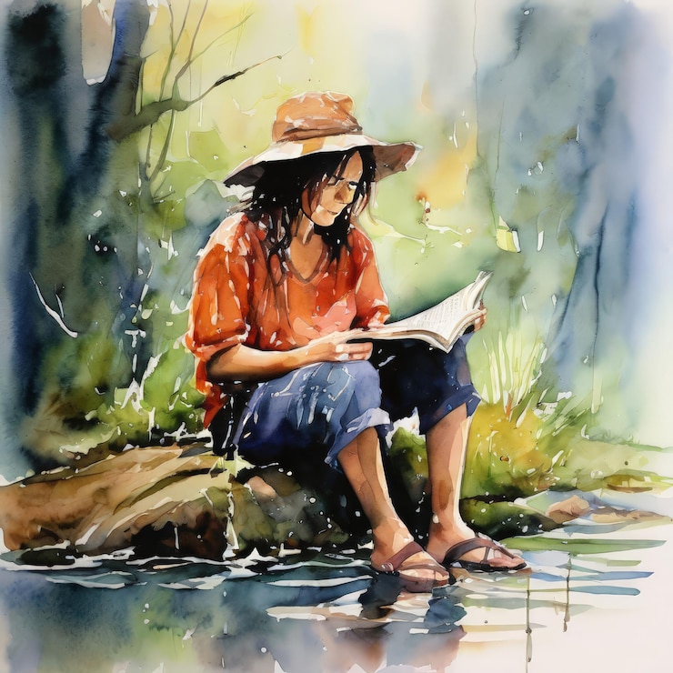Vetor jovem mulher em aquarela com um livro no rio jovem mulher em acuarela com um livro no