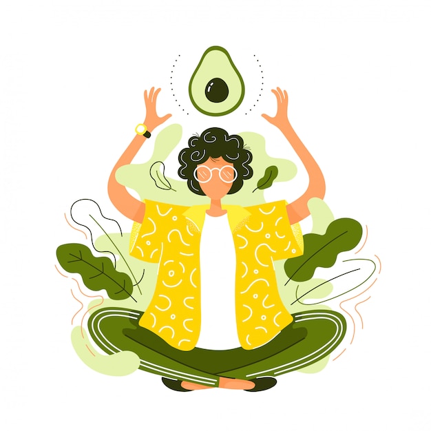 Jovem mulher em pose de ioga de lótus meditar com abacate. ilustração de personagem de desenho animado moderno estilo plano moderno. conceito de comida saudável