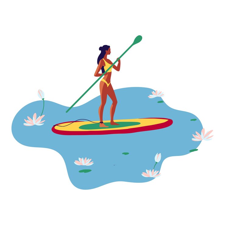Vetor jovem mulher em um maiô nadando em uma prancha sup no lago entre flores de nenúfar vetor ilustração plana arte