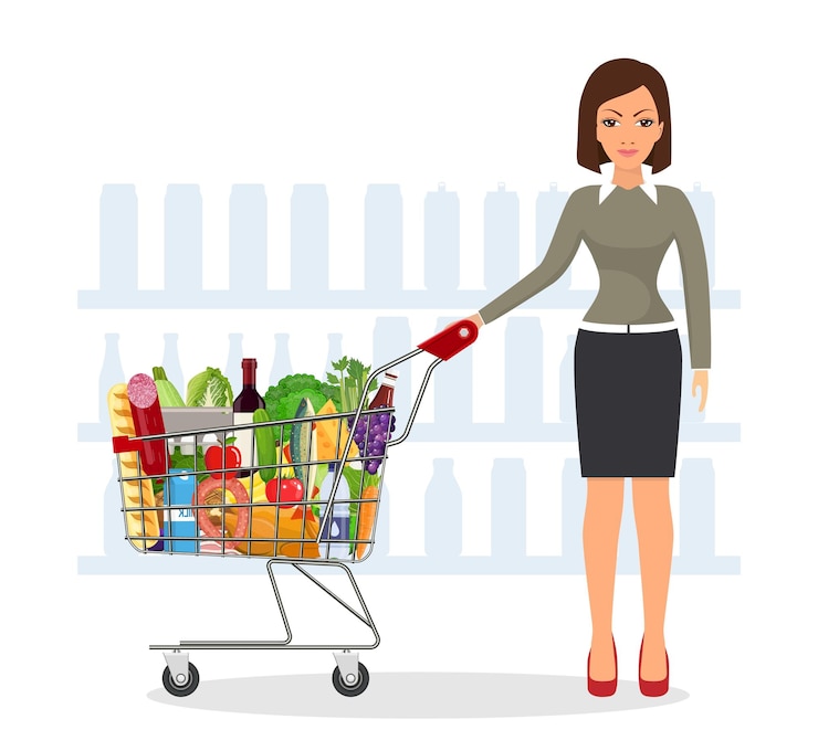 Vetor jovem mulher fazendo compras de mantimentos