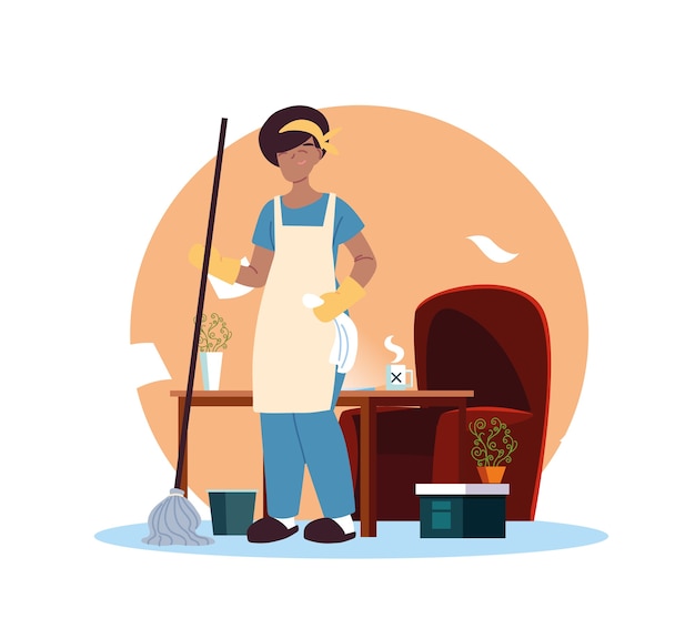 Jovem mulher fazendo limpeza em casa