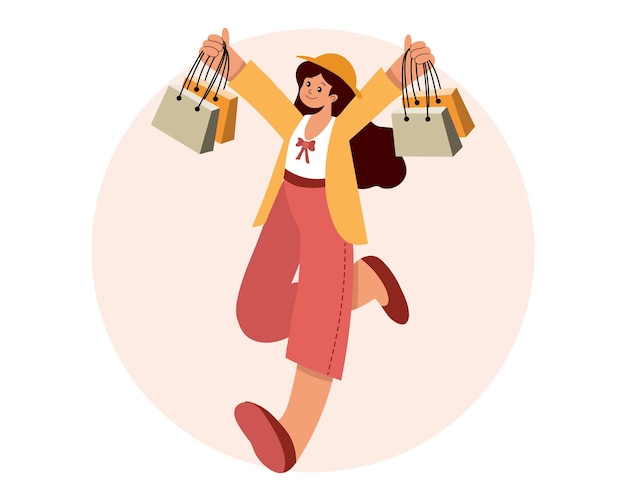 Vetor jovem mulher feliz com sacolas de compras conceito de compras clipart de ilustração de personagem plana