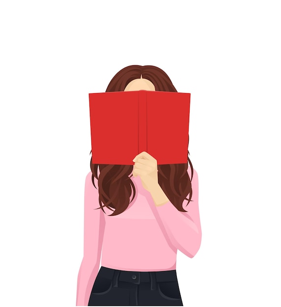 Jovem mulher lendo se escondendo atrás de ilustração vetorial isolada de livro