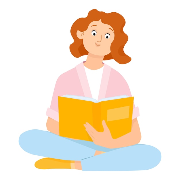 Jovem mulher linda e plana de cabelo vermelho sentada e lendo um livro.