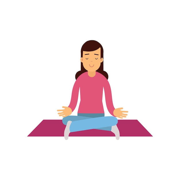 Vetor jovem mulher meditando com os olhos fechados e pernas cruzadas prática de meditação e relaxamento mulher sentada em pose de ioga de lótus ilustração em vetor de personagem de menina de estilo simples dos desenhos animados isolada no branco