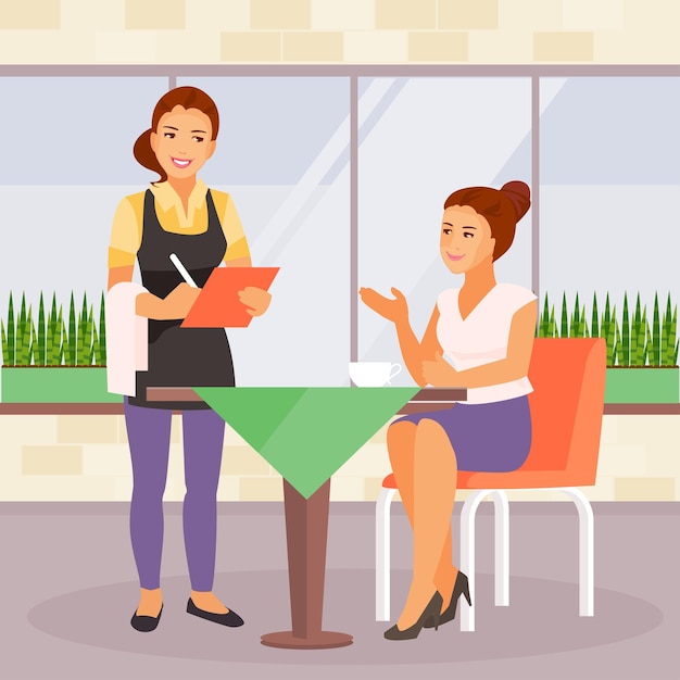 Jovem mulher no café no almoço. A garçonete anota o pedido. Ilustração vetorial