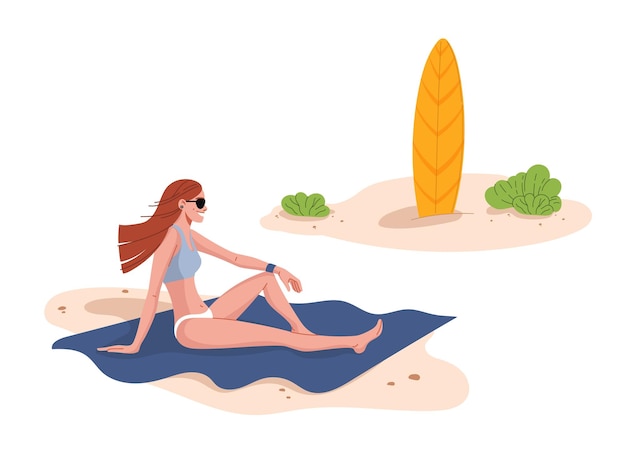 Jovem mulher relaxante praia perto de prancha de surf nas férias de verão ilustração vetorial garota surfista em biquíni maiô e óculos de sol na toalha de praia à beira-mar para esporte de surf e relaxamento