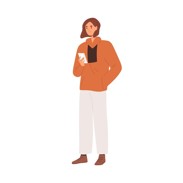 Jovem mulher segurando o celular. pessoa com smartphone na mão. mulher em pé e navegando na internet, usando celular. humano e telefone. ilustração vetorial plana isolada no fundo branco