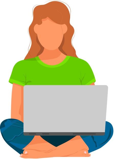 Jovem mulher sentada com as pernas cruzadas segurando o laptop