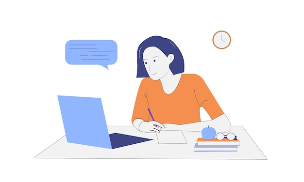 Jovem mulher sentada com laptop. Freelance, estudo on-line, trabalho em casa. Vetor