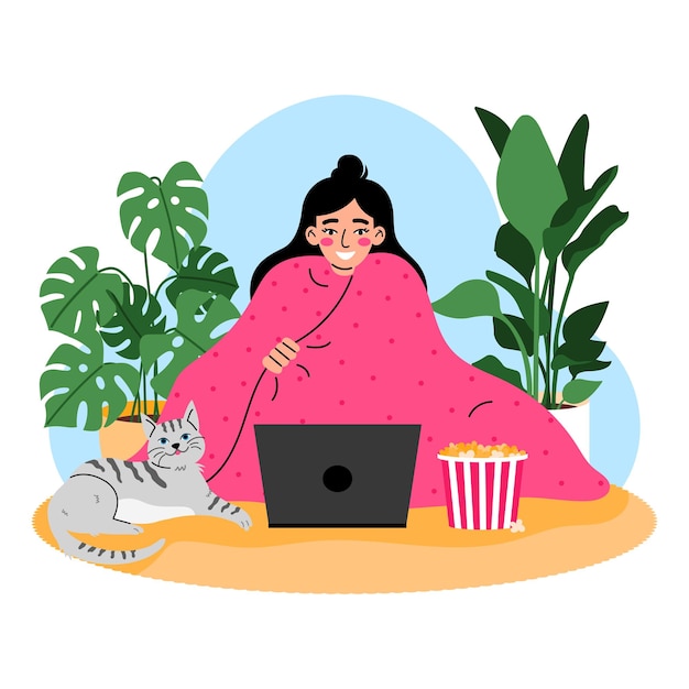 Vetor jovem mulher sentada em um cobertor rosa e assistindo a um filme no laptop