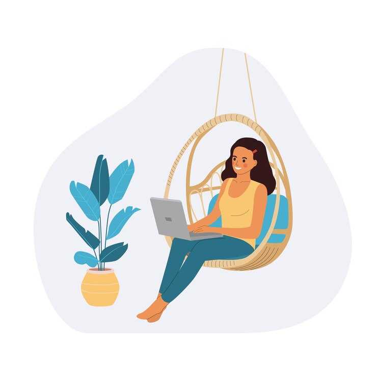 Jovem mulher sentada na cadeira de balanço de vime com laptop. Escritório em casa. Ilustração em vetor estilo simples dos desenhos animados