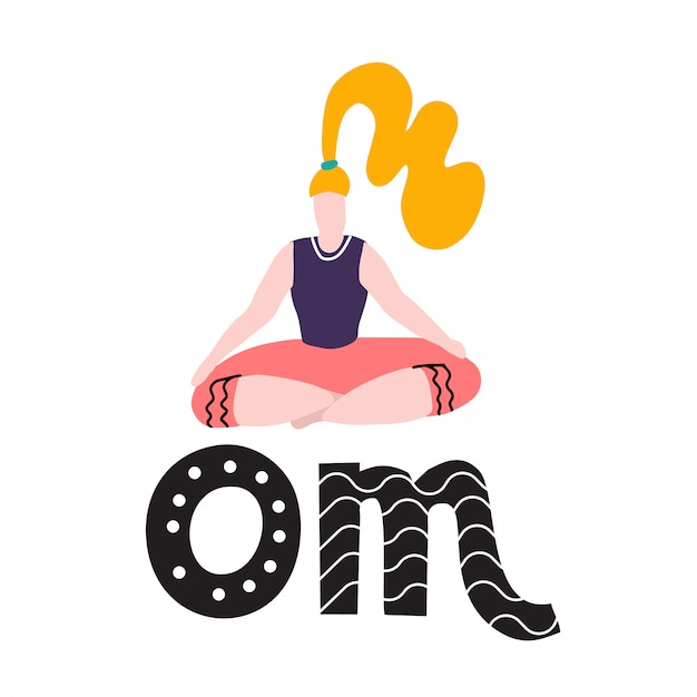 Jovem mulher sentada na posição de lótus yoga e medita. garota da ioga em posição de lótus. letras de om. caligrafia inspiradora citação.