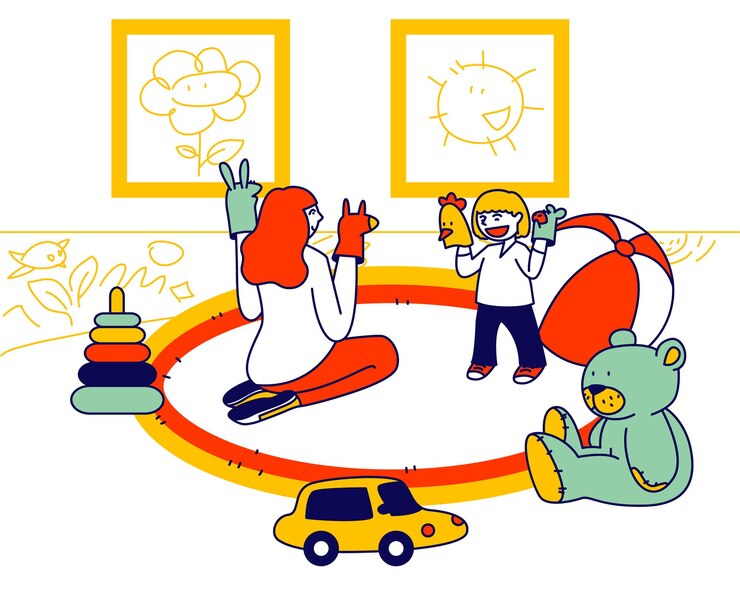 Vetor jovem mulher sentada no chão, jogando o show de fantoches com a pequena criança colocar brinquedos nas mãos. ilustração plana dos desenhos animados