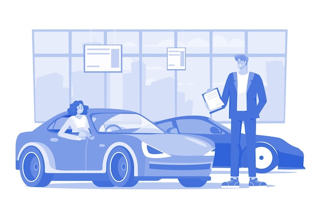 Jovem mulher testando um carro em uma sala de exposições