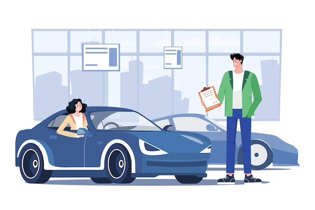Jovem mulher testando um carro em uma sala de exposições