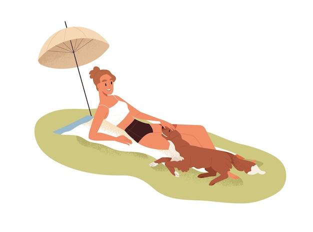 Jovem mulher tomando banho de sol na natureza, relaxando junto com o cachorro. garota feliz, dona de biquíni deitada no cobertor sob o guarda-chuva com um amigo cachorrinho ao ar livre nas férias de verão. ilustração em vetor plana.