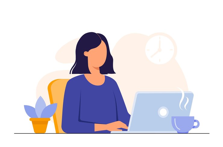 Vetor jovem mulher trabalhando no laptop. trabalhador de escritório feminino fazendo trabalho distante online. mulher que trabalha em casa ou no escritório. conceito de educação online freelance. ilustração vetorial isolada no branco