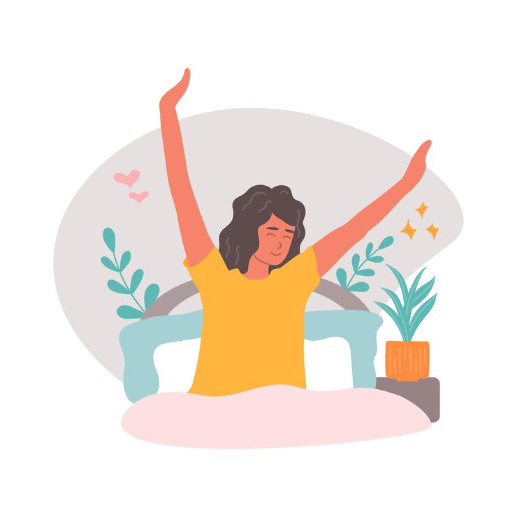 Vetor jovem na cama depois de dormir puxa as mãos para cima bom dia acordando ilustração do vetor