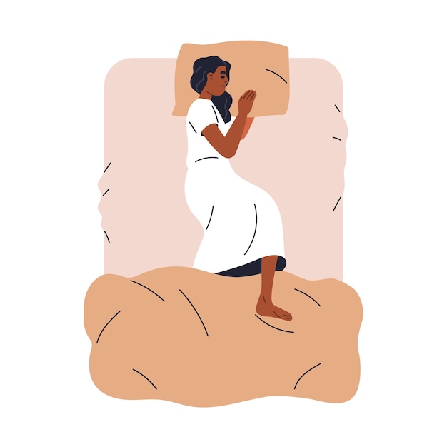 Vetor jovem negra dormindo, vista superior. garota afro-americana deitada de lado, relaxando, sonhando na cama. pessoa dormindo no travesseiro, colchão. ilustração vetorial plana isolada sobre fundo branco.