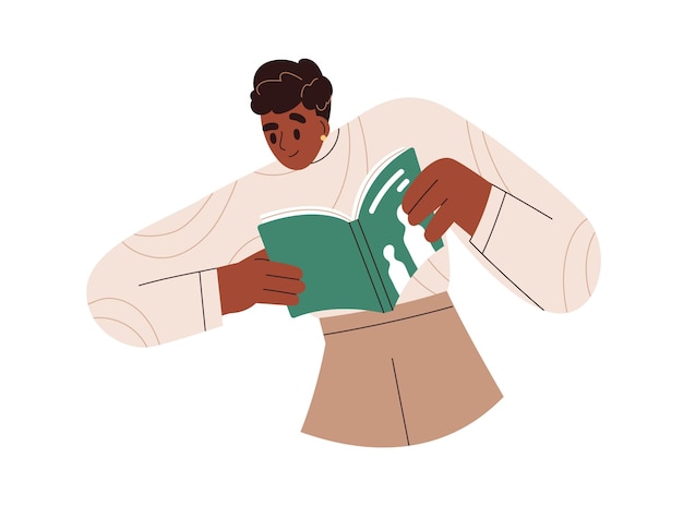 Vetor jovem negra segurando o livro de papel aberto. garota animada feliz lendo literatura moderna. pessoa, leitor apaixonado, leitor ávido aprendendo, estudando. ilustração vetorial plana isolada no fundo branco