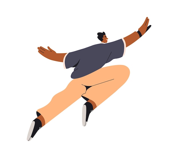 Jovem negro feliz voando pulando de alegria Excitado alegre personagem livre flutuando no ar Liberdade prazer facilidade conceito Ilustração gráfica vetorial plana isolada em fundo branco