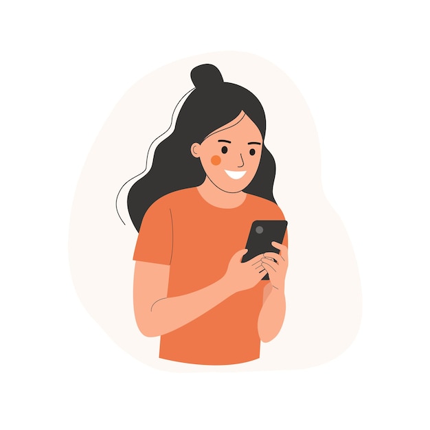 Vetor jovem olha para o smartphone ilustração vetorial de estilo simples