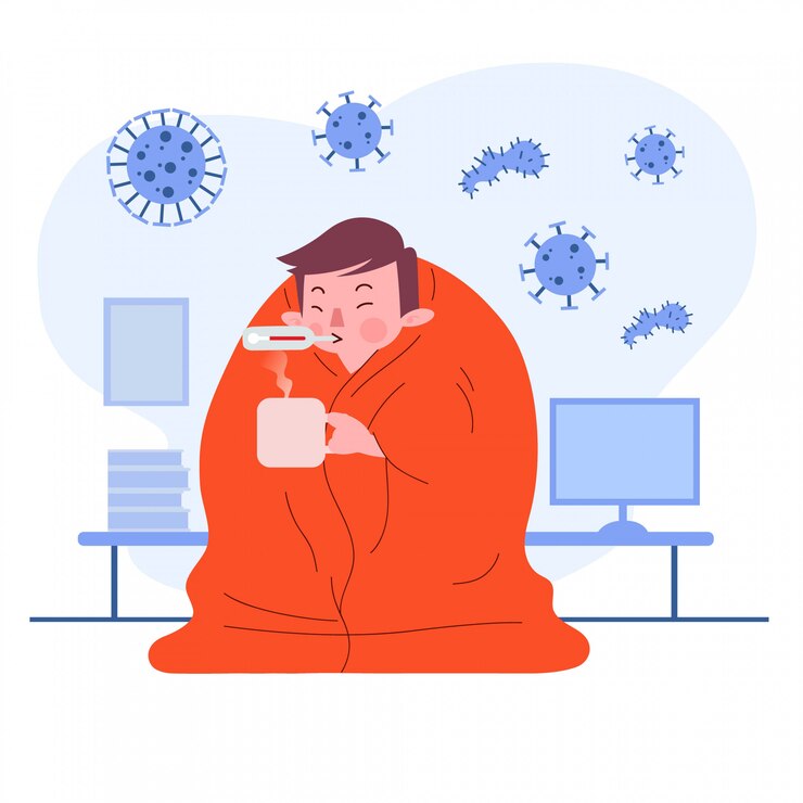 Jovem ou menino ou homem ou pessoa ou personagem com febre e frio cobrindo o cobertor. Conceito de doença. Ilustração Design plano. Isolado.