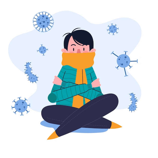 Jovem ou menino ou homem ou pessoa ou personagem com febre e tremendo de frio. Conceito de doença. Ilustração Design plano. Isolado.