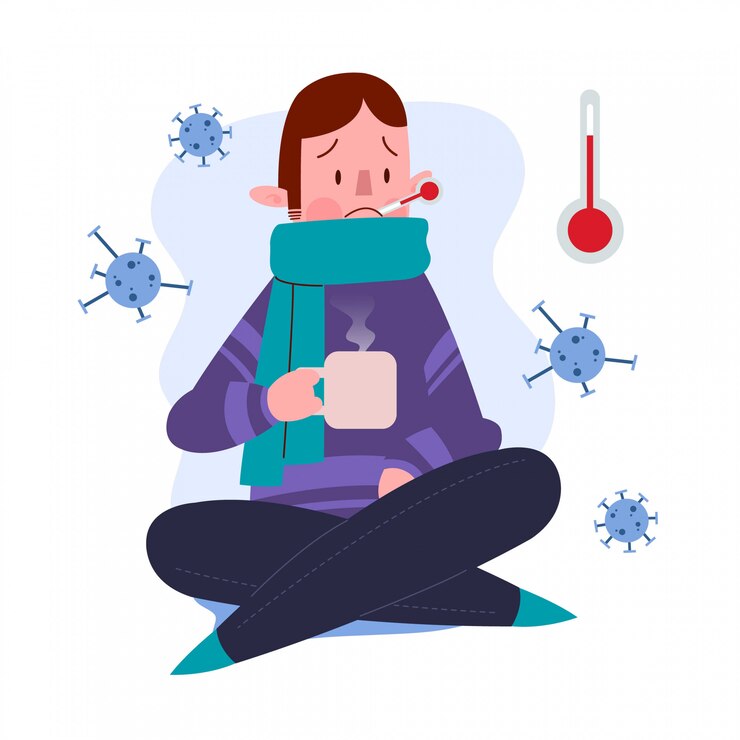 Jovem ou menino ou homem ou pessoa ou personagem com febre e tremendo de frio. Conceito de doença. Ilustração Design plano. Isolado.