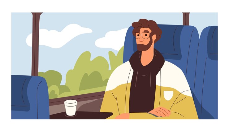 Vetor jovem passageiro viajando de ônibus, olhando pela janela para a paisagem de verão com árvores e céu. turista feliz aproveitando a viagem com uma xícara de café em transporte confortável. ilustração em vetor plana colorida.