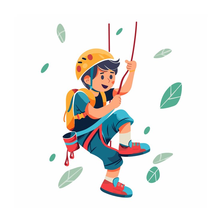 Jovem personagem de desenho animado escalando capacetes cordas menino aventureiro envolvendo escalada em rocha Criança