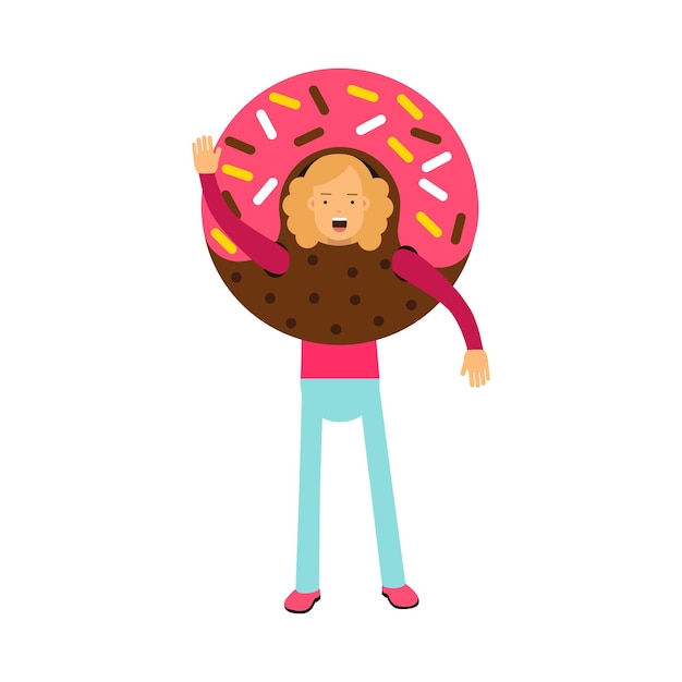 Vetor jovem personagem de menina loira de pé vestindo traje de donut e agitando a mão ilustração vetorial