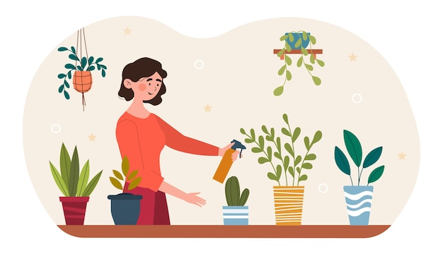 Jovem personagem feminino sorridente está cuidando de flores na estufa ou jardim doméstico mulher bonita é