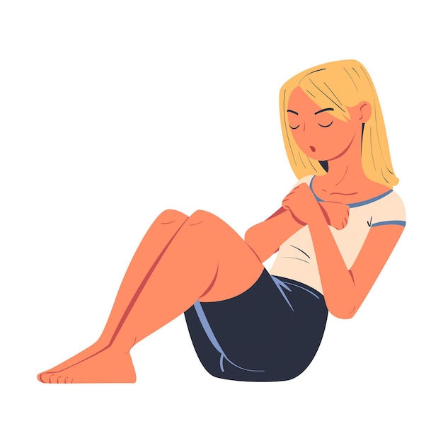 Jovem personagem mulher loira fazendo abdominais crunches como esporte em casa Ilustração vetorial