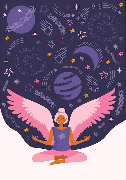 Jovem pratica ioga e meditação em casa em quarentena. menina com asas virtuais medita entre o cosmos, estrelas e o universo. passe algum tempo em casa com benefícios. ilustração plana.