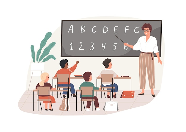 Vetor jovem professor com ponteiro na lousa em sala de aula. crianças do ensino fundamental estudando em sala de aula. ilustração em vetor plana colorida de pedagogo e alunos isolados no fundo branco.