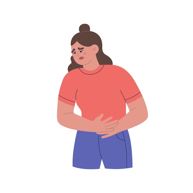 Jovem que sofre de dor de estômago. Mulher segurando sua barriga com as mãos. Dor abdominal