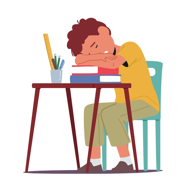 Jovem rapaz com problemas de aprendizagem repousa a cabeça sobre uma mesa desordenada com livros exibindo uma imagem comovente de determinação em meio a dificuldades devido à doença do autismo cartoon pessoas ilustração vetorial